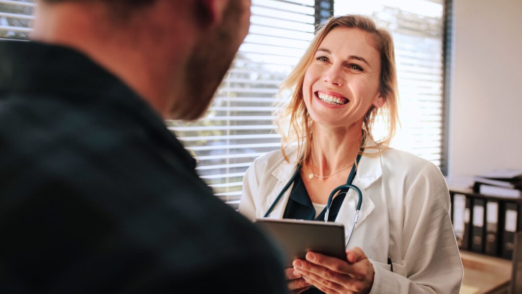 A professional guides a patient on medications for schizophrenia treatment.